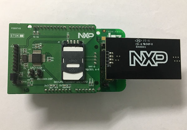 NXP development kit board with a secure element daughter board attached